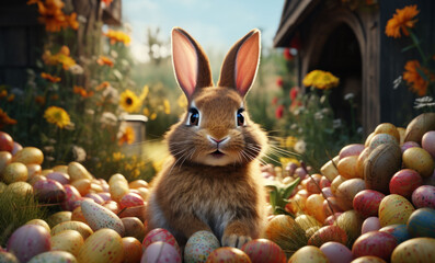 Fototapeta na wymiar Captivating bunny amid a treasure trove of Easter eggs, enchanting cottage backdrop.