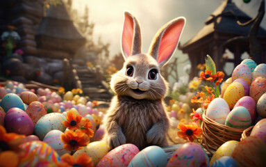 Fototapeta na wymiar Joyful rabbit amidst an abundance of Easter eggs and blooming flowers