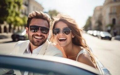 Beautiful bride and groom in sunglasses driving a convertible car