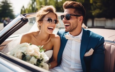 Beautiful bride and groom in sunglasses driving a convertible car