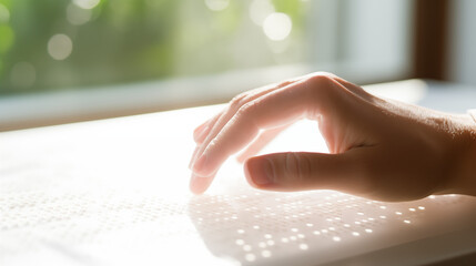 Close up of visually impaired or blind person reading Braille with hand. World Braille Day