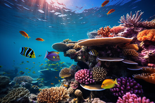 Beautiful underwater view of coral reef and tropical fish