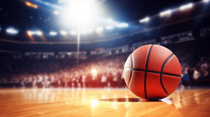 Close up of basketball ball on a large court arena floor. Basketball stadium. World basketball day