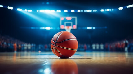 Close up of basketball ball on a large court arena floor. Basketball stadium. World basketball day - obrazy, fototapety, plakaty