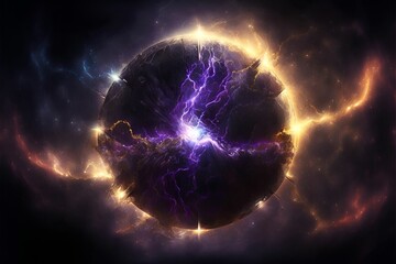 AI-generated illustration of planet explosion with purple and yellow fires around, dark background