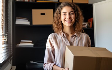 A young smiling student is standing in a dorm room and holding a box with personal belongings in her hands