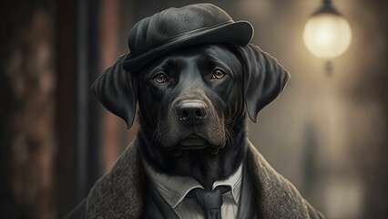 AI generated illustration of an anthropomorphic black labrador dressed up in peaky blinder style