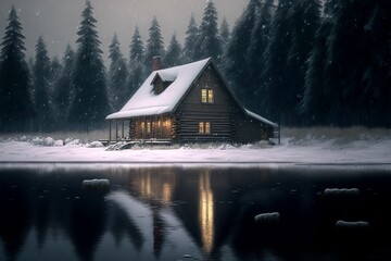 AI-generated illustration of a mystical wooden cabin by a lake and a forest - obrazy, fototapety, plakaty