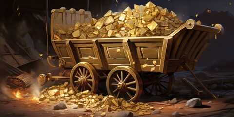 illustration of an old gold wagon carrying gold, generative AI