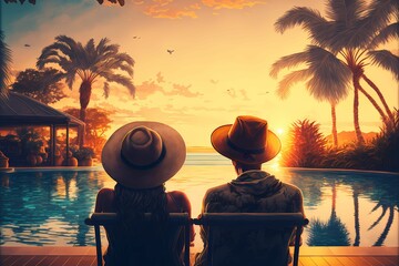 AI-generated illustration of a couple sitting by a pool and enjoying the sunset view