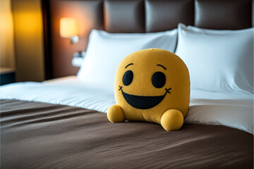 AI generated illustration of smile plushie on bed