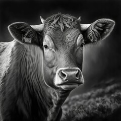 AI generated illustration of the portrait of a cow in black and white.