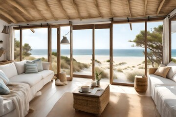 Fototapeta na wymiar A seaside cottage, nestled among the sand dunes, a tranquil coastal escape.