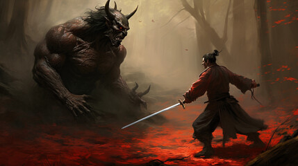 A Samurai Battles an Oni emerging from the bowels of the Earth