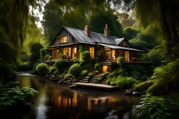 Fototapeta premium A riverbank cottage, framed by lush trees and vibrant foliage.