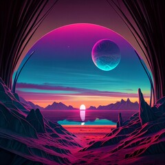 AI generated illustration of colourful and neon beach