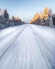 Scenic winter landscape featuring a snow and ice covered road winding amongst towering trees - obrazy, fototapety, plakaty