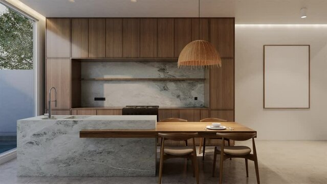 Animated Minimal wooden kitchen and dining table. 3D illustration rendering