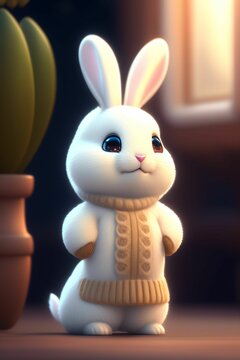AI generated illustration of a cute fluffy white rabbit in a sweater