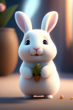 AI generated illustration of a cute fluffy white rabbit with a plant in its paws