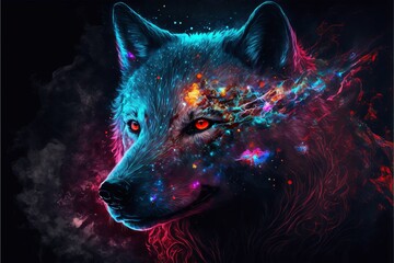 AI-generated illustration of a magical wolf with red eyes isolated on a smoky black background - obrazy, fototapety, plakaty