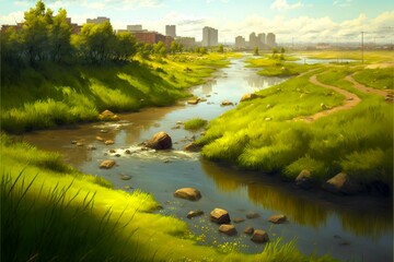 AI generated illustration of a river flowing through a green field with a castle in the distance.