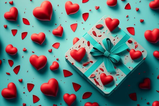 AI generated illustration of a gift box surrounded by red small herta on a blue background