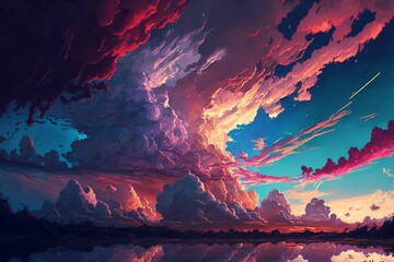 AI generated illustration of a beautiful bright colorful sunset sky over water