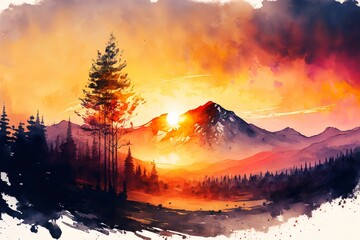 AI-generated illustration of forest trees before the mountains at sunset