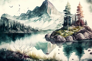 AI-generated illustration of trees and mountains at the lake