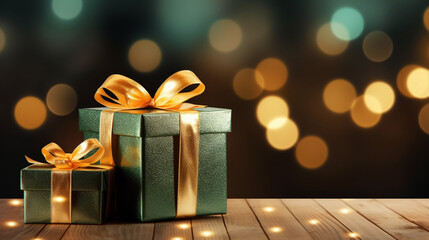 Gift box wrapped in green paper with golden ribbon bow and glitter on festive background with golden bokeh particles ,Christmas theme. Happy holidays celebration