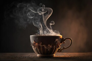 AI generated illustration of a cup of steaming hot tea on a dark background