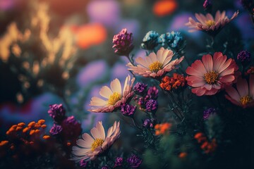 Fototapeta na wymiar AI generated illustration of beautiful Cosmos flowers growing in a garden