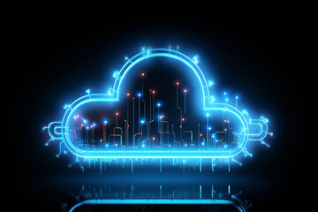 3d rendering concept cloud computing illustration. Light blue neon cloud icon on dark background