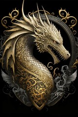 AI generated illustration of a furious golden dragon emblem isolated on the black background