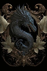 AI generated illustration of a furious black dragon emblem isolated on the black background