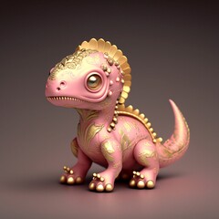 a pink toy dinosaur with golden spikes and some big teeth