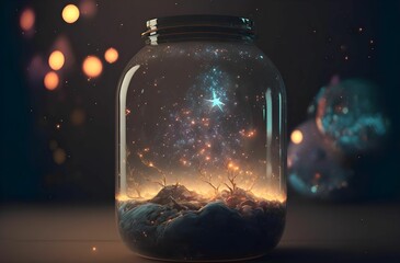 AI-generated illustration of a glass jar filled with stars, a blue sky, and yellow clouds for nature