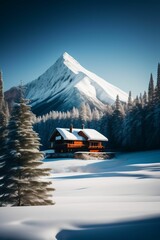 AI-generated illustration of the cabin in the forest with snow-covered mountains in the background