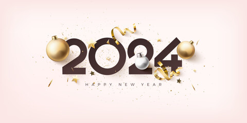 Premium happy new year 2024 design. With illustrations of numbers and pieces of gold paper and luxurious gold ribbon.