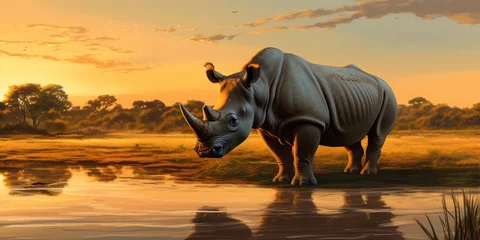 Foto op Plexiglas painting of a rhino with head out of water, in the style of naturalistic landscape background, generative AI © VALUEINVESTOR
