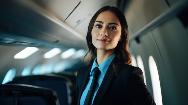 Smiling female flight attendant in uniform in aircraft cabin, Air hostess friendly airline employee, pleasant service for airline passengers, Cabin Crew