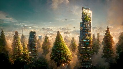 Illustration of a futuristic city covered in vegetation