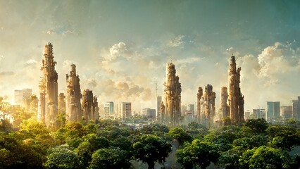 Illustration of a futuristic city covered in vegetation - obrazy, fototapety, plakaty