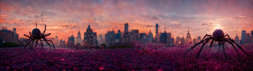 Panoramic futuristic illustration of purple spiders in a city - obrazy, fototapety, plakaty