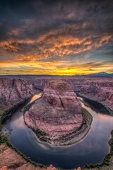 Aerial view of Horseshoe Bend in Arizona at sunset