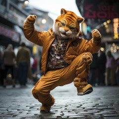 Fototapeta na wymiar tiger in the street break dancing kitty cat
