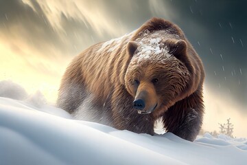 AI generated illustration of a grizzly bear waling during a snowstorm - obrazy, fototapety, plakaty