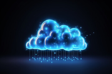 3d rendering concept cloud computing illustration. Light blue neon cloud icon on dark background