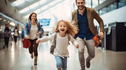 Happy family traveler go to airport gate, family with travel bag excited for traveler trip